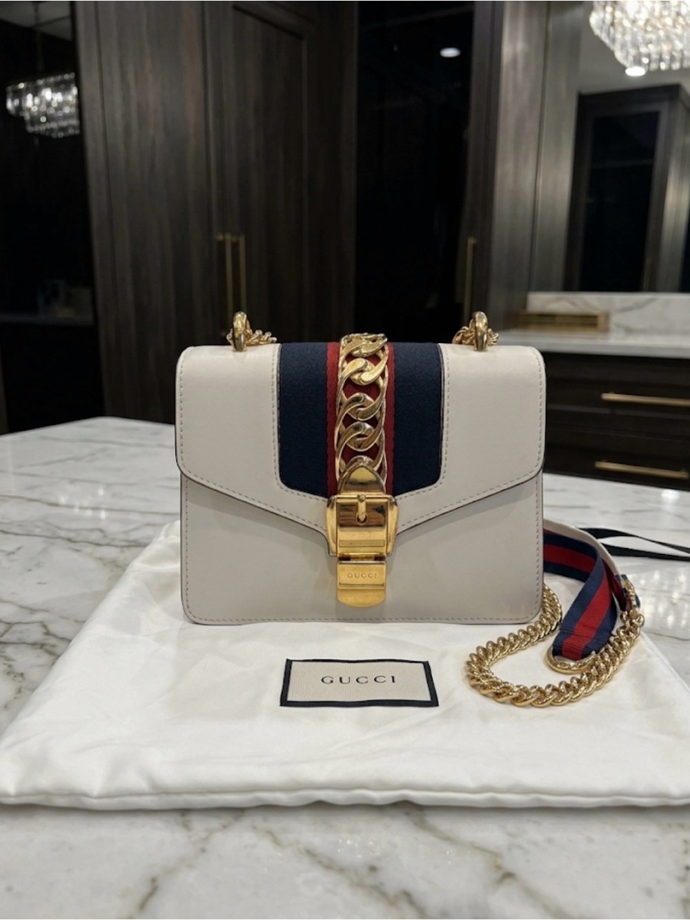 Gucci Sylvie White Leather Shoulder Bag with Navy & Red Web Stripe